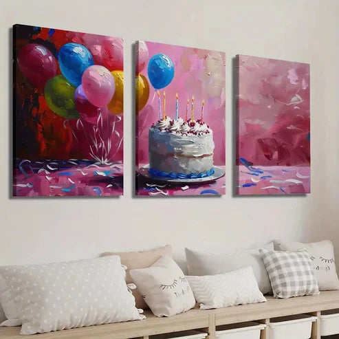 3pcs Birthday Cake and Balloon Wall Art Set Canvas Unframed - High Quality Print 100% Australian Made Wall Canvas