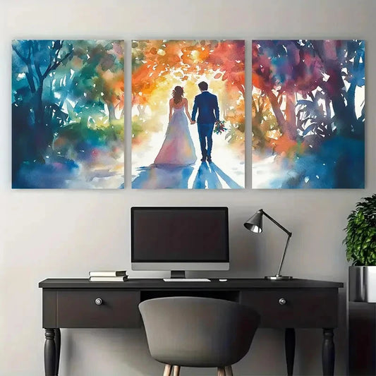 3pcs Romantic Couple Walking Under a Canopy Metal Print Ready to Hang Art