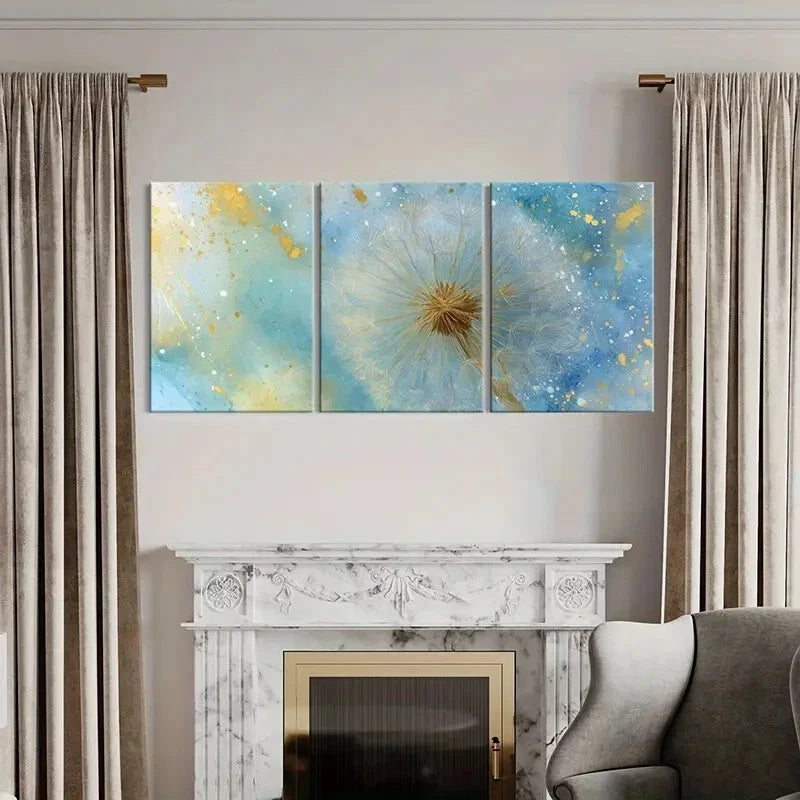 3pcs Abstract Dandelion Blue & Golden Hues Metal Print Ready to Hang Art