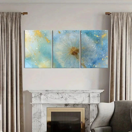 3pcs Abstract Dandelion Blue & Golden Hues Metal Print Ready to Hang Art