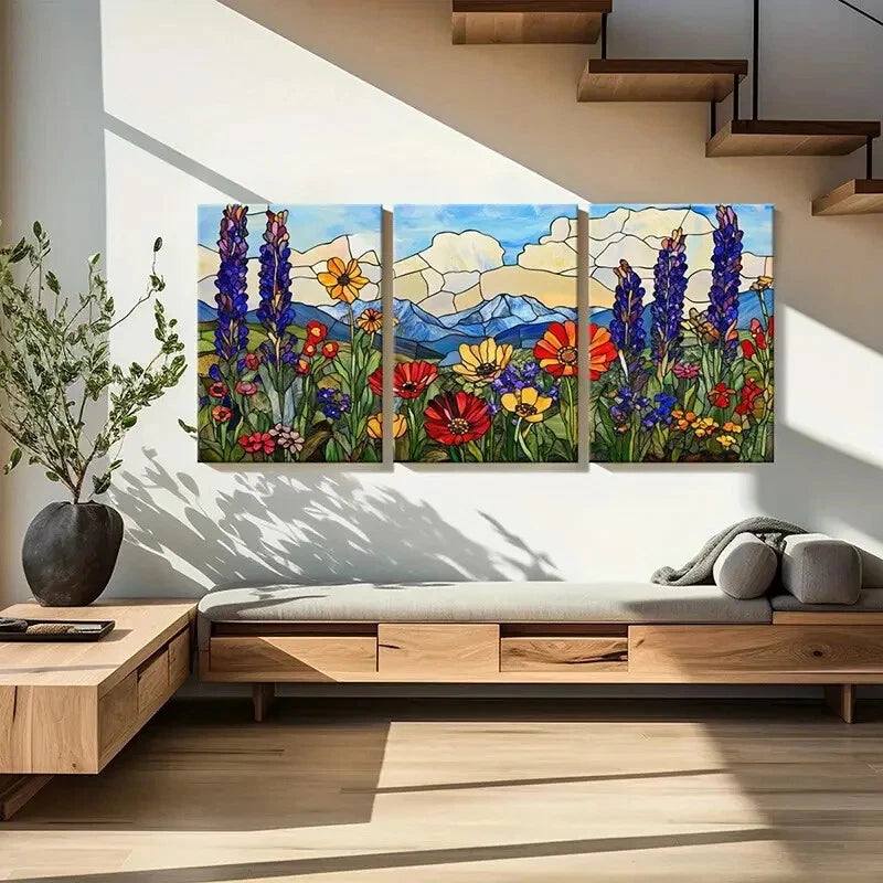 3pcs Stained Glass Wildflowers Mountain Landscape Metal Print Ready to Hang Art