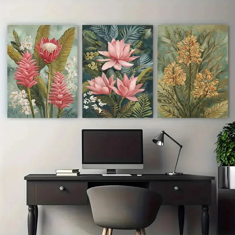 3pcs Vintage Indonesian Floral Illustration Wall Art Set Canvas Framed 60x90cm - High Quality Print 100% Australian Made Wall Canvas Ready to Hang