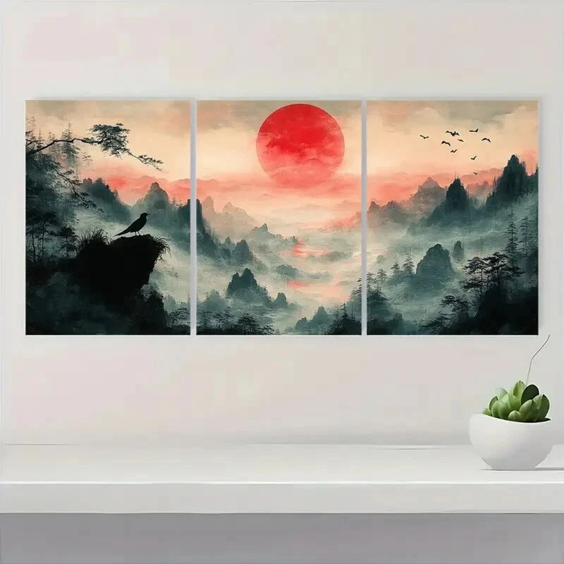 3pcs Japanese-Inspired Mountain Morning Painting Metal Print Ready to Hang Art