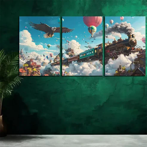 3pcs Charming Flying Train Wall Art Canvas Unframed - High Quality Print 100% Australian Made Wall Canvas