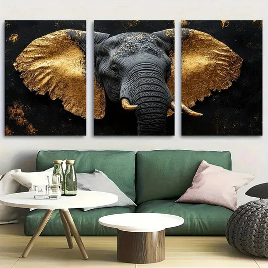 3pcs Gilded Elephant Profile Close Up Metal Print Ready to Hang Art
