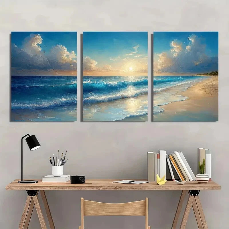 3pcs Serene Sunset & Wave Scenery Oil Painting Metal Print Ready to Hang Art