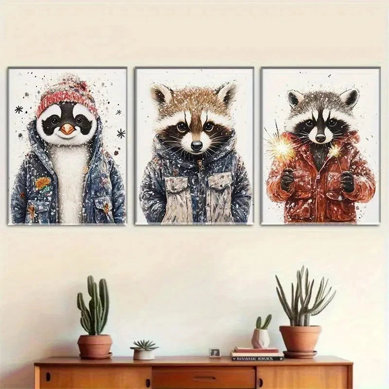 3pcs Penguins and Raccoons in Cozy Jackets Metal Print Ready to Hang Art