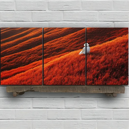 3pcs Straw Hat Is Sitting on The Grass Metal Print Ready to Hang Art