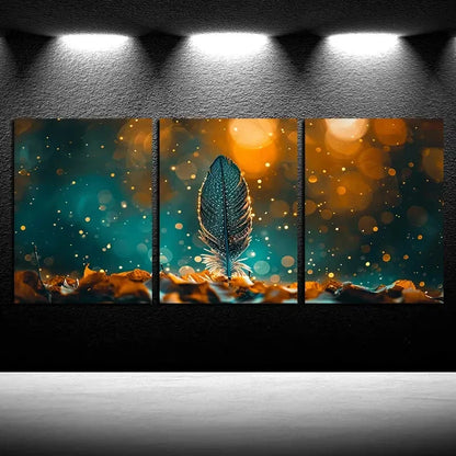 3pcs Modern Feather with Dry Leaves Design Metal Print Ready to Hang Art