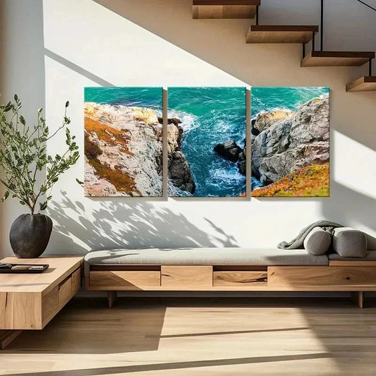 3pcs Sea Waves Coastline Rocks Modern Wall Art Set Canvas Framed 40x60cm - High Quality Print 100% Australian Made Wall Canvas Ready to Hang