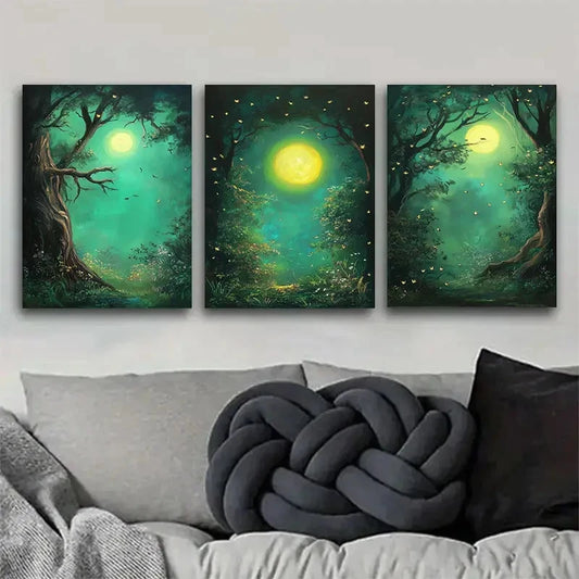 3pcs Enchanted Moonlit Forest Green Nature Metal Print Ready to Hang Art