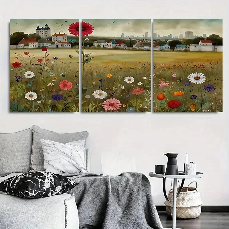 3pcs Wildflower Field Village Botanical Meadow Wall Art Set Canvas Framed 40x60cm - High Quality Print 100% Australian Made Wall Canvas Ready to Hang