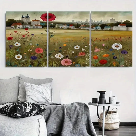 3pcs Wildflower Field Village Botanical Meadow Wall Art Set Canvas Framed 40x60cm - High Quality Print 100% Australian Made Wall Canvas Ready to Hang
