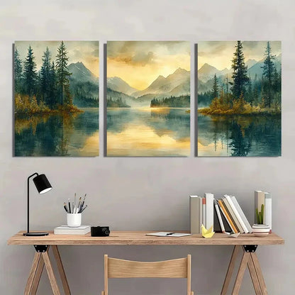 3pcs Watercolor Pine Forest Reflections Landscape Metal Print Ready to Hang Art