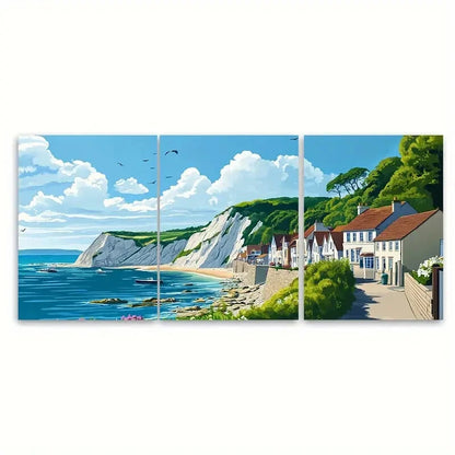 3pcs Dorset Coast Scene with White Cliffs Metal Print Ready to Hang Art