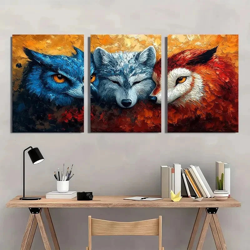 3pcs Animal Wolf and Owl Painting Metal Print Ready to Hang Art