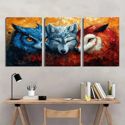 3pcs Animal Wolf and Owl Painting Metal Print Ready to Hang Art