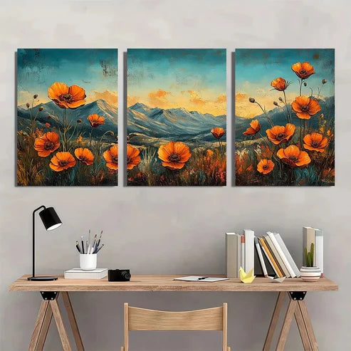3pcs Vibrant Floral California Poppy Boho Wall Art Canvas Unframed - High Quality Print 100% Australian Made Wall Canvas
