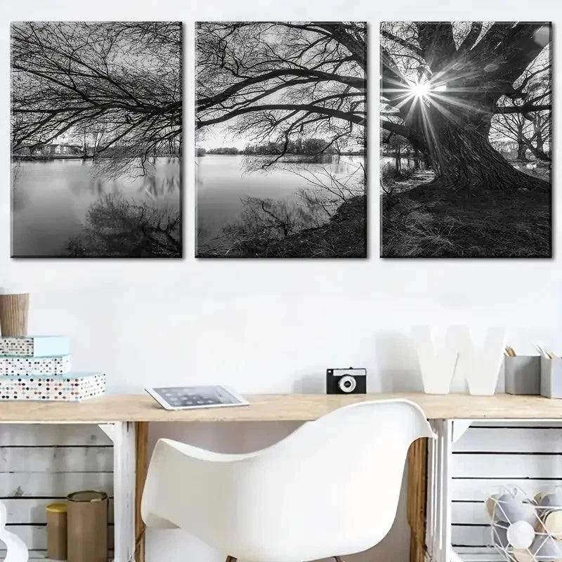 3pcs Modern Ancient Tree By The Lake Perfect Wall Art Set Canvas Framed 40x60cm - High Quality Print 100% Australian Made Wall Canvas Ready to Hang