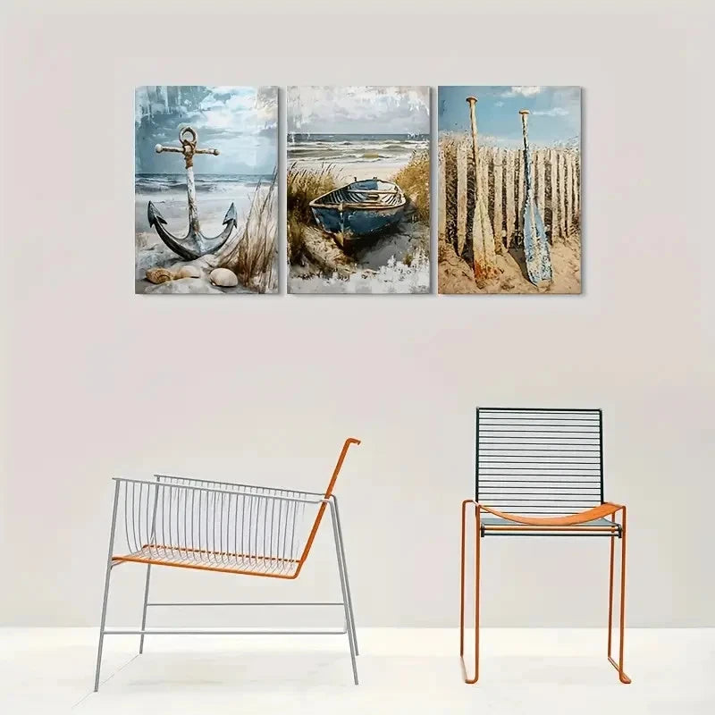 3pcs Beach Scene Anchor Boat and Sailboats Metal Print Ready to Hang Art