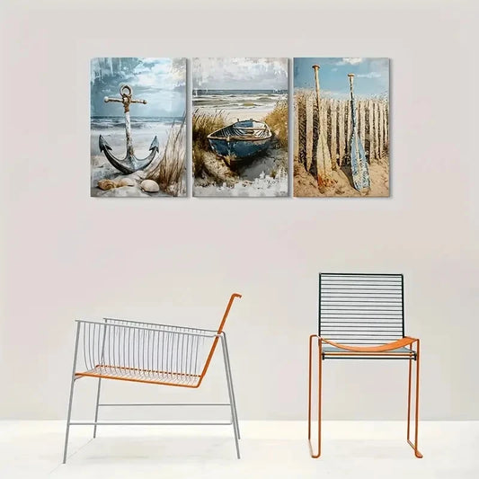 3pcs Beach Scene Anchor Boat and Sailboats Metal Print Ready to Hang Art