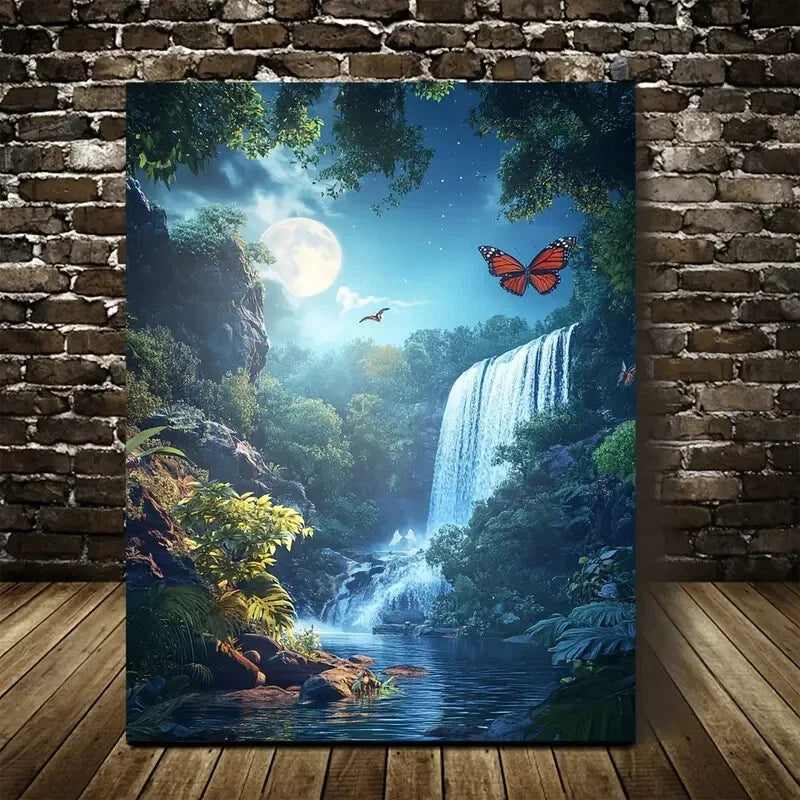 Beautiful Forest & Butterfly Moonlit Nature Painting 40x60cm Metal Print Ready to Hang