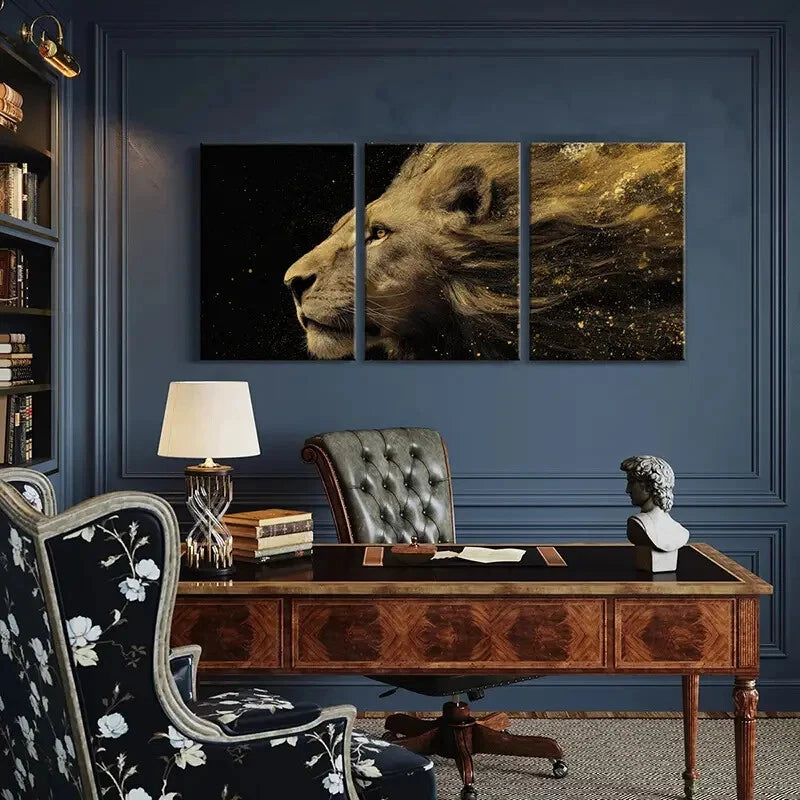3pcs Lion Profile Art Golden Dust Effect Metal Print Ready to Hang Art