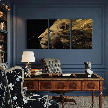 3pcs Lion Profile Art Golden Dust Effect Metal Print Ready to Hang Art