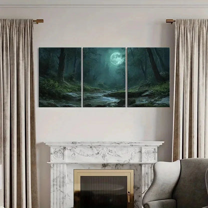 3pcs Moonlit Forest Stream Mystical Night Scene Metal Print Ready to Hang Art