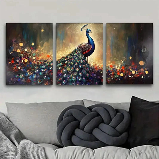 3pcs Majestic Peacock with Sparkling Tail Metal Print Ready to Hang Art