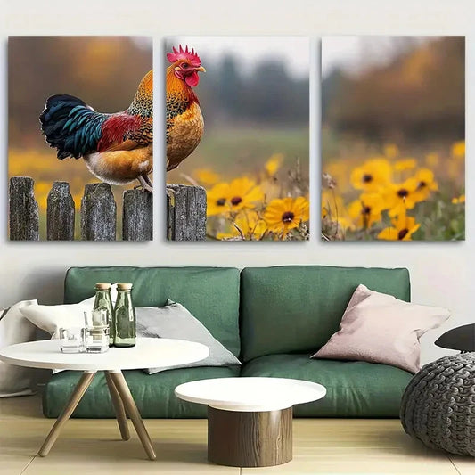 3pcs Faverolles Hen On A Gate Metal Print Ready to Hang Art