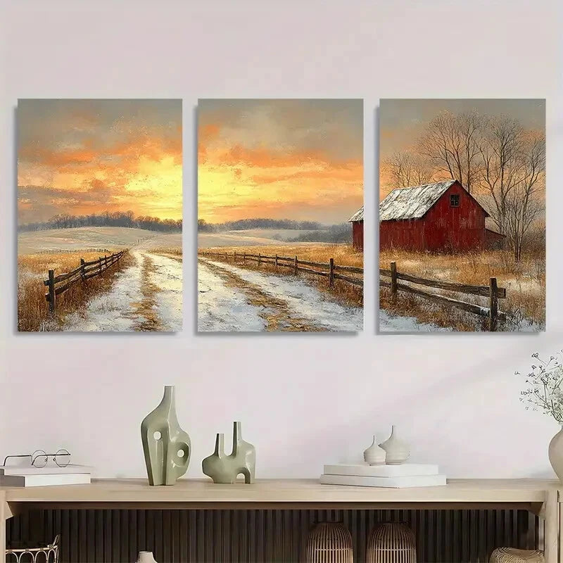 3pcs Rustic Farmhouse Snowy Countryside Scene Metal Print Ready to Hang Art