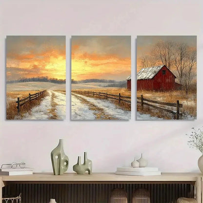 3pcs Rustic Farmhouse Snowy Countryside Scene Metal Print Ready to Hang Art