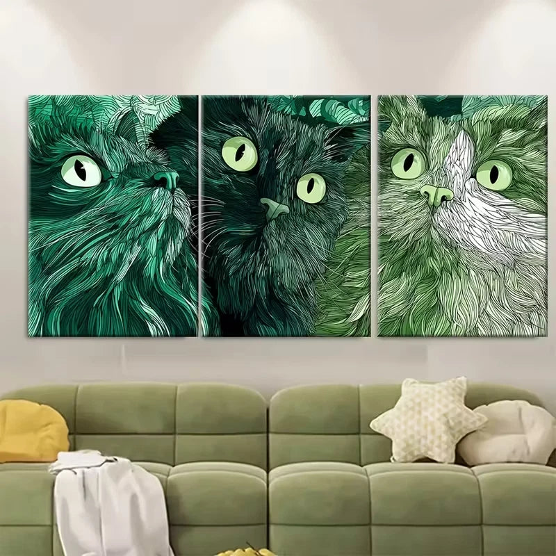 3pcs Emerald Green & Black Kitten Metal Print Ready to Hang Art