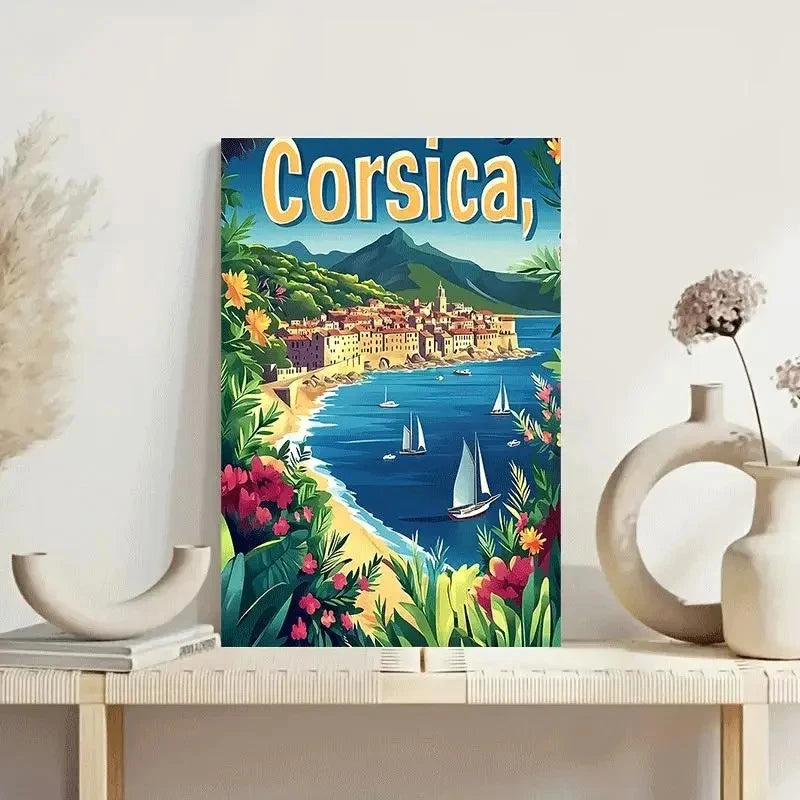 French Island Art with Corsica Landmarks Travel Poster Print Wall Art