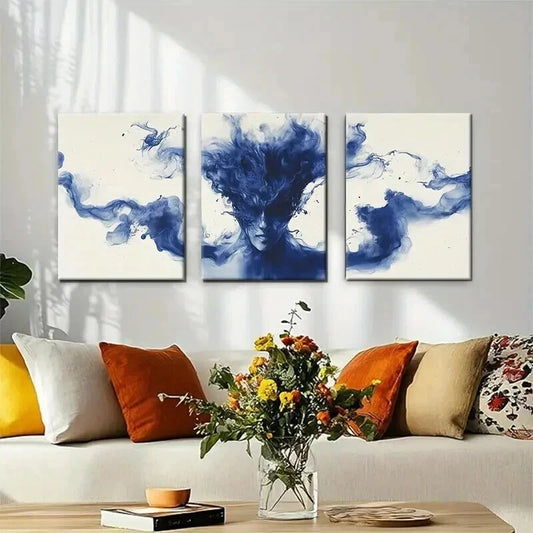 3pcs Modern Fluid Smoke Effect Blue Perfect Wall Art Set Canvas Framed 40x60cm - High Quality Print 100% Australian Made Wall Canvas Ready to Hang