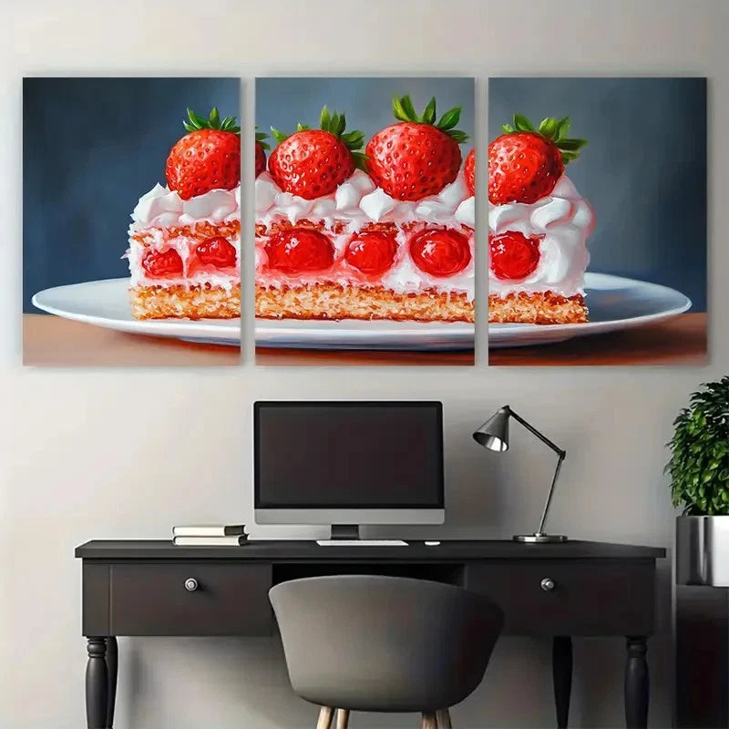 3pcs Strawberry Cake Food Illustration Wall Art Set Canvas Framed 40x60cm - High Quality Print 100% Australian Made Wall Canvas Ready to Hang