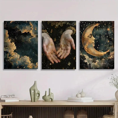3pcs Abstract night, magic shine in hand, Metal Print Ready to Hang Art