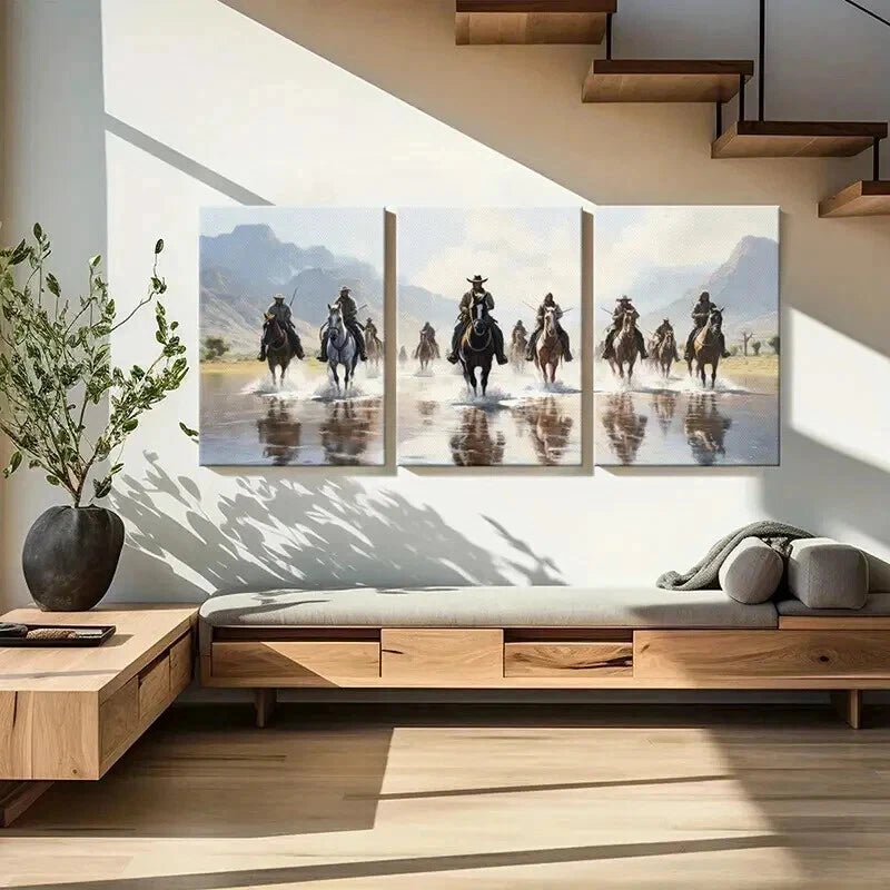 3pcs Western American Cowboys Riding Horses Wall Art Set Canvas Framed 40x60cm - High Quality Print 100% Australian Made Wall Canvas Ready to Hang