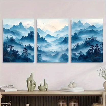 3pcs Chinese Style Mountain Blue Hues Metal Print Ready to Hang Art