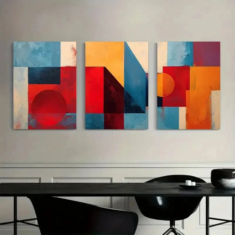 3pcs Geometric Shapes in Red and Blue Abstract Metal Print Ready to Hang Art