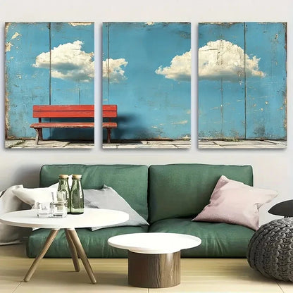 3pcs Fluffy Clouds on Distressed Blue Sky Metal Print Ready to Hang Art