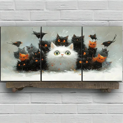 3pcs Black And White Cat And Orange Bird Metal Print Ready to Hang Art