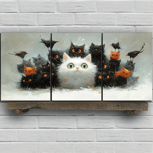 3pcs Black And White Cat And Orange Bird Metal Print Ready to Hang Art