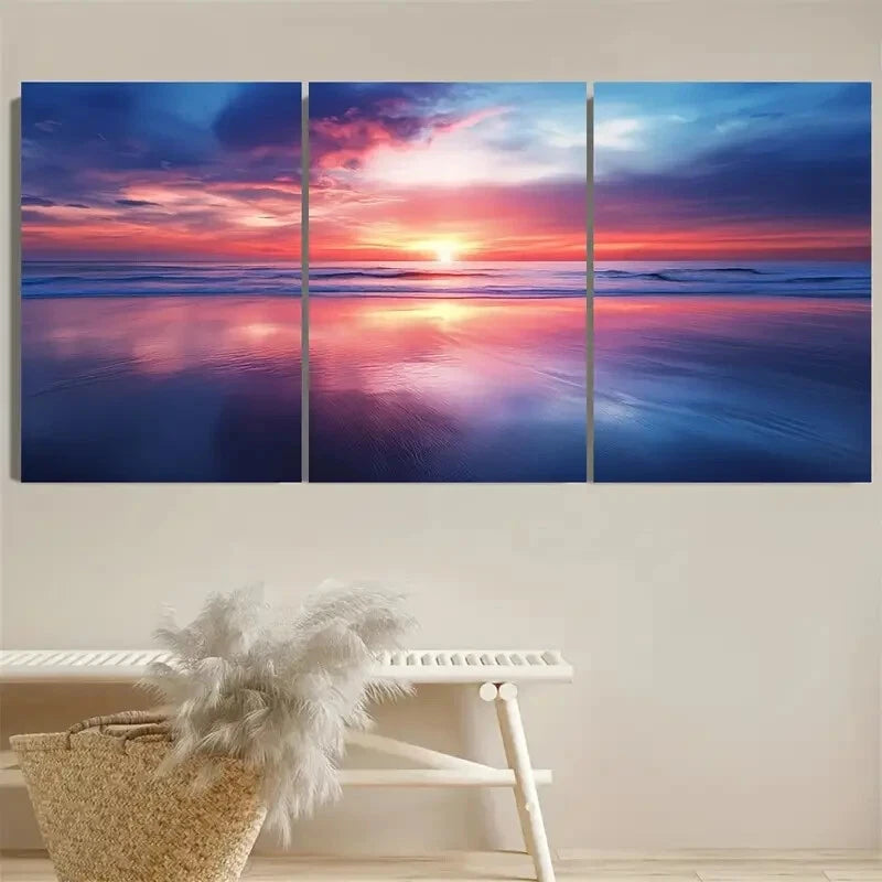 3pcs Serene Coastal Sunset Reflection Metal Print Ready to Hang Art