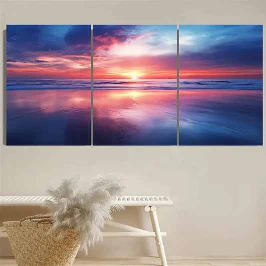 3pcs Serene Coastal Sunset Reflection Metal Print Ready to Hang Art