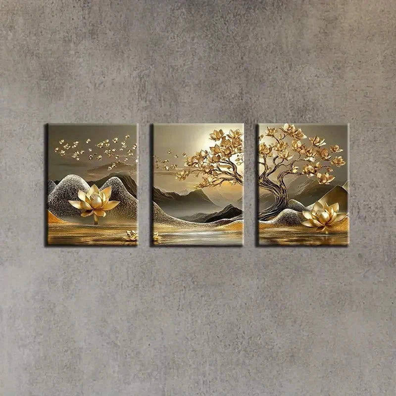 3pcs Golden for Lotus Tree & Mountain Landscape Metal Print Ready to Hang Art