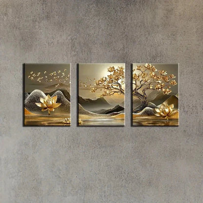3pcs Golden for Lotus Tree & Mountain Landscape Metal Print Ready to Hang Art