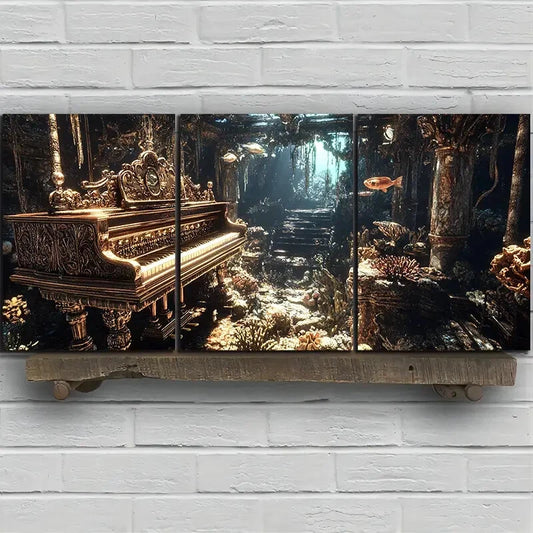 3pcs Piano Under the Sea Fishes Metal Print Ready to Hang Art