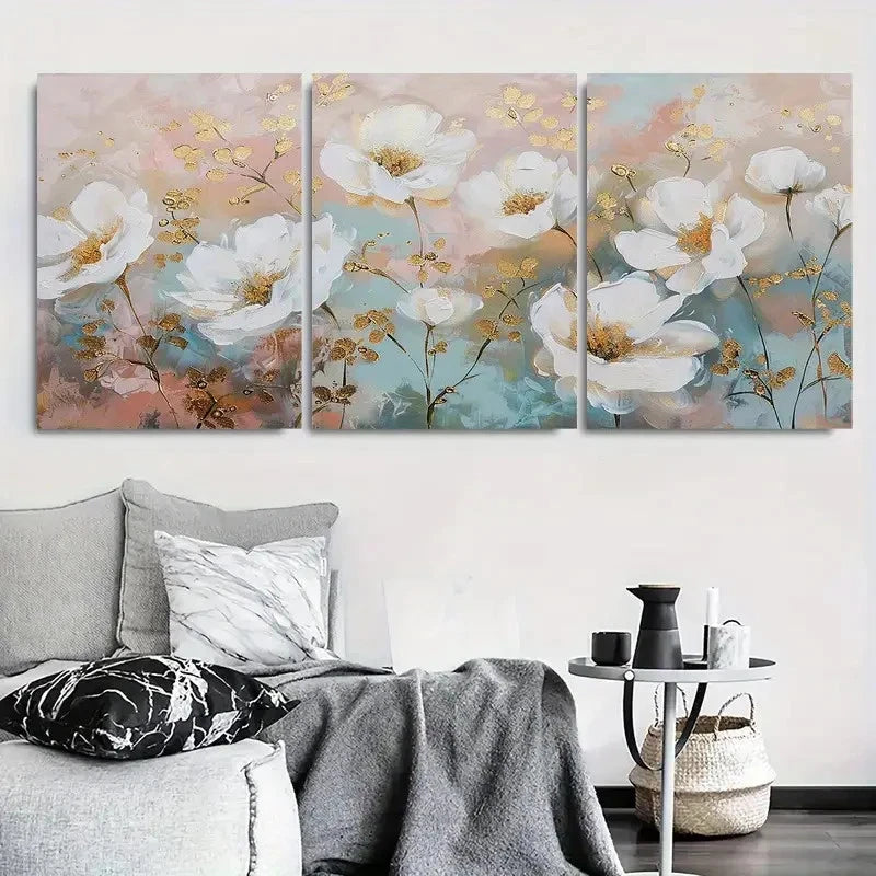 3pcs Elegant White Poppy Flower Golden Accents Metal Print Ready to Hang Art